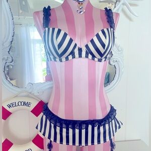 Victoria’s Secret 2 Pc Sexy Little Things Bra and Panty Skirt Navy Stripe Set